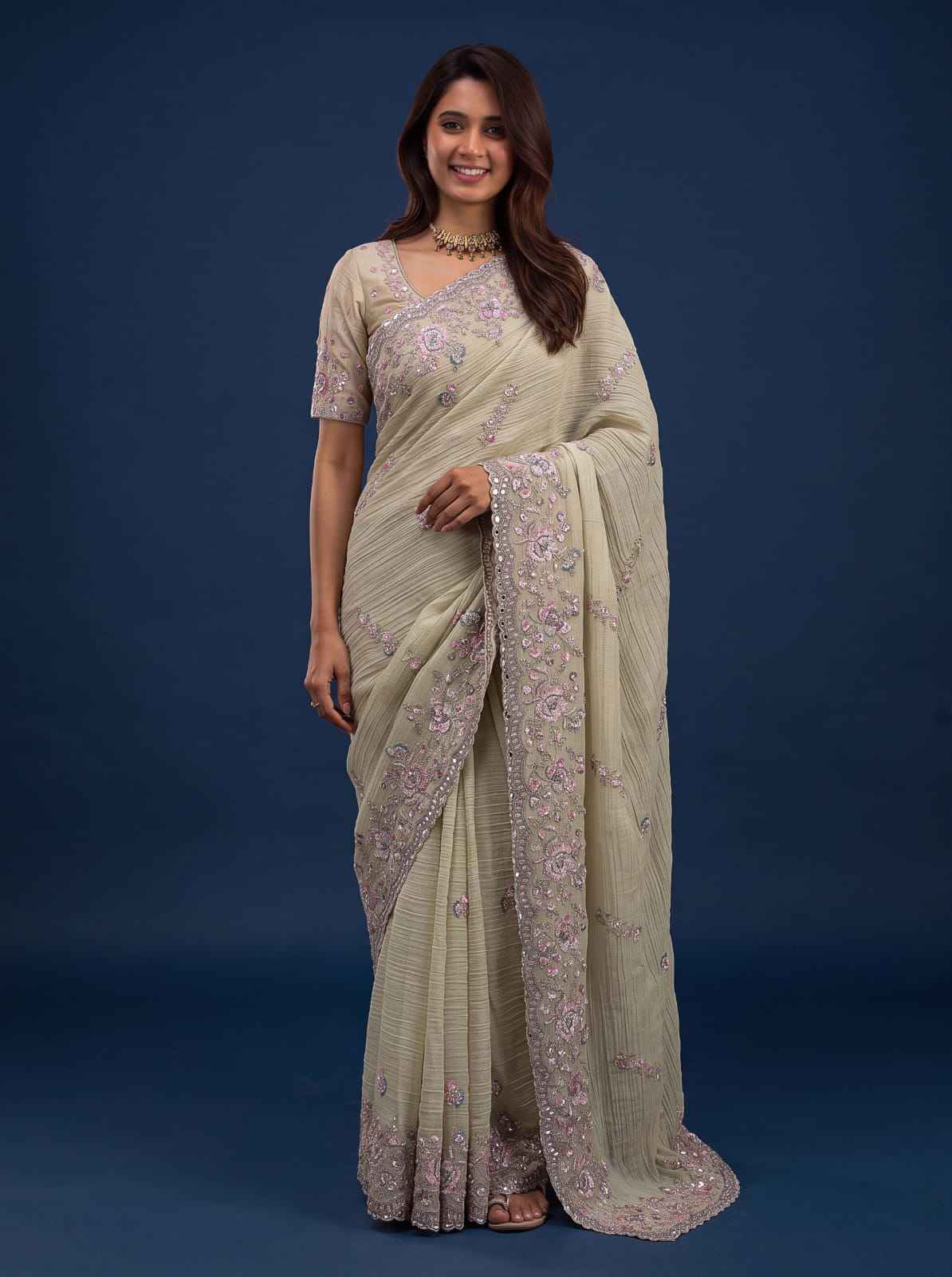 Cream Pure Premium Bamburg Handwork Kasti & Multi Color Embroidery Sequins Work Wedding Saree