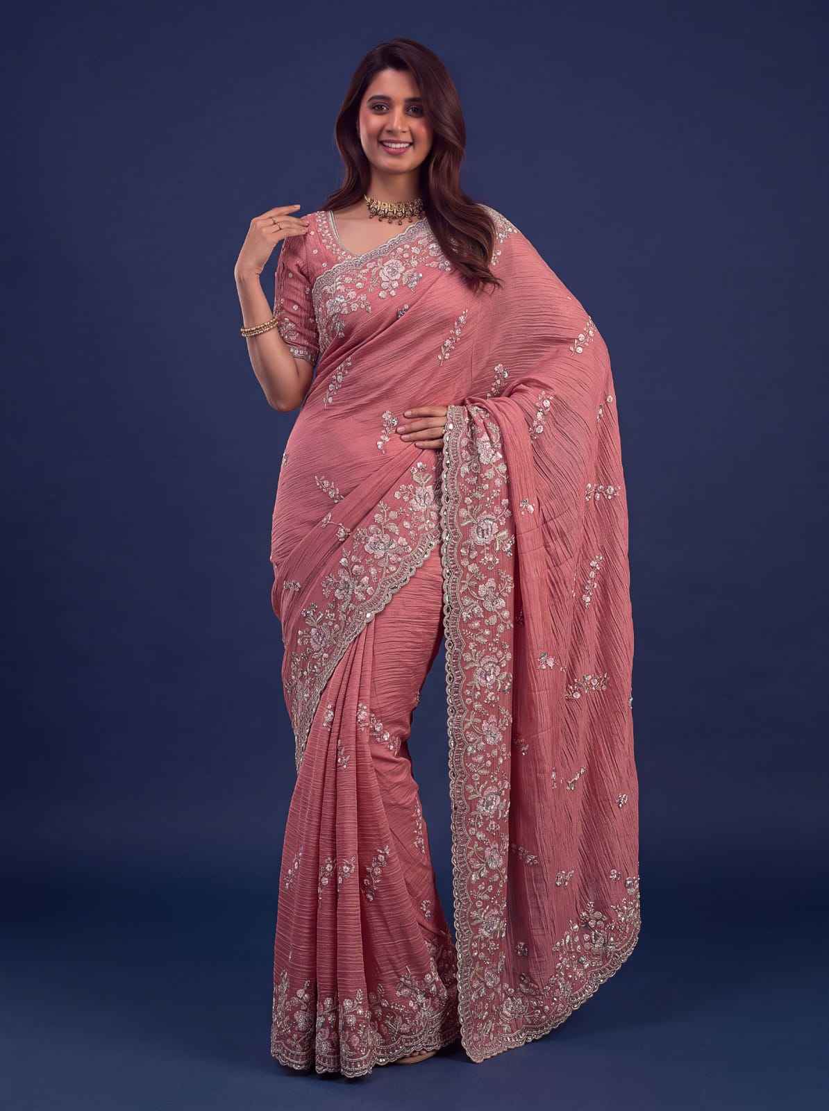 Rose Pink Pure Premium Bamburg Handwork Kasti & Multi Color Embroidery Sequins Work Wedding Saree