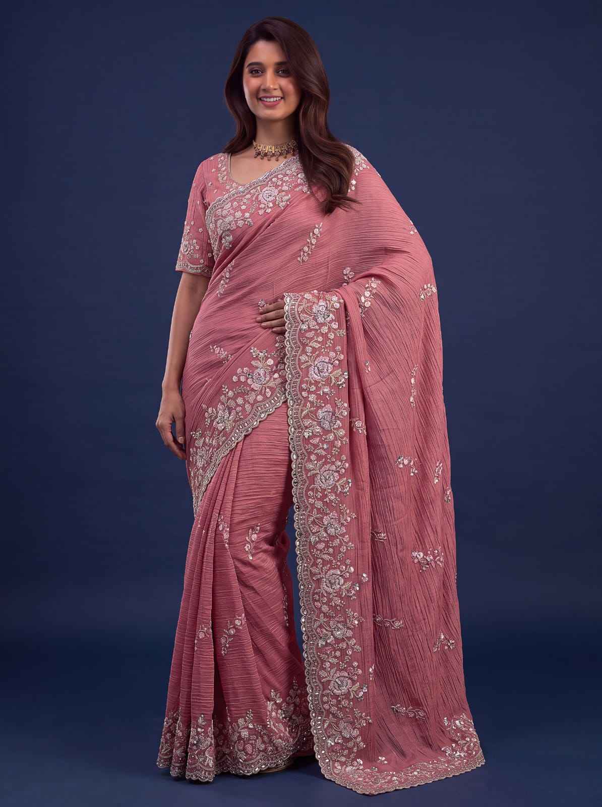 Rose Pink Pure Premium Bamburg Handwork Kasti & Multi Color Embroidery Sequins Work Wedding Saree