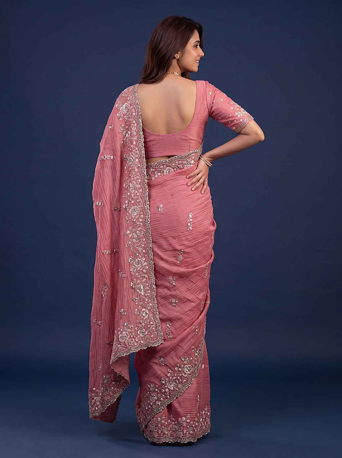 Rose Pink Pure Premium Bamburg Handwork Kasti & Multi Color Embroidery Sequins Work Wedding Saree