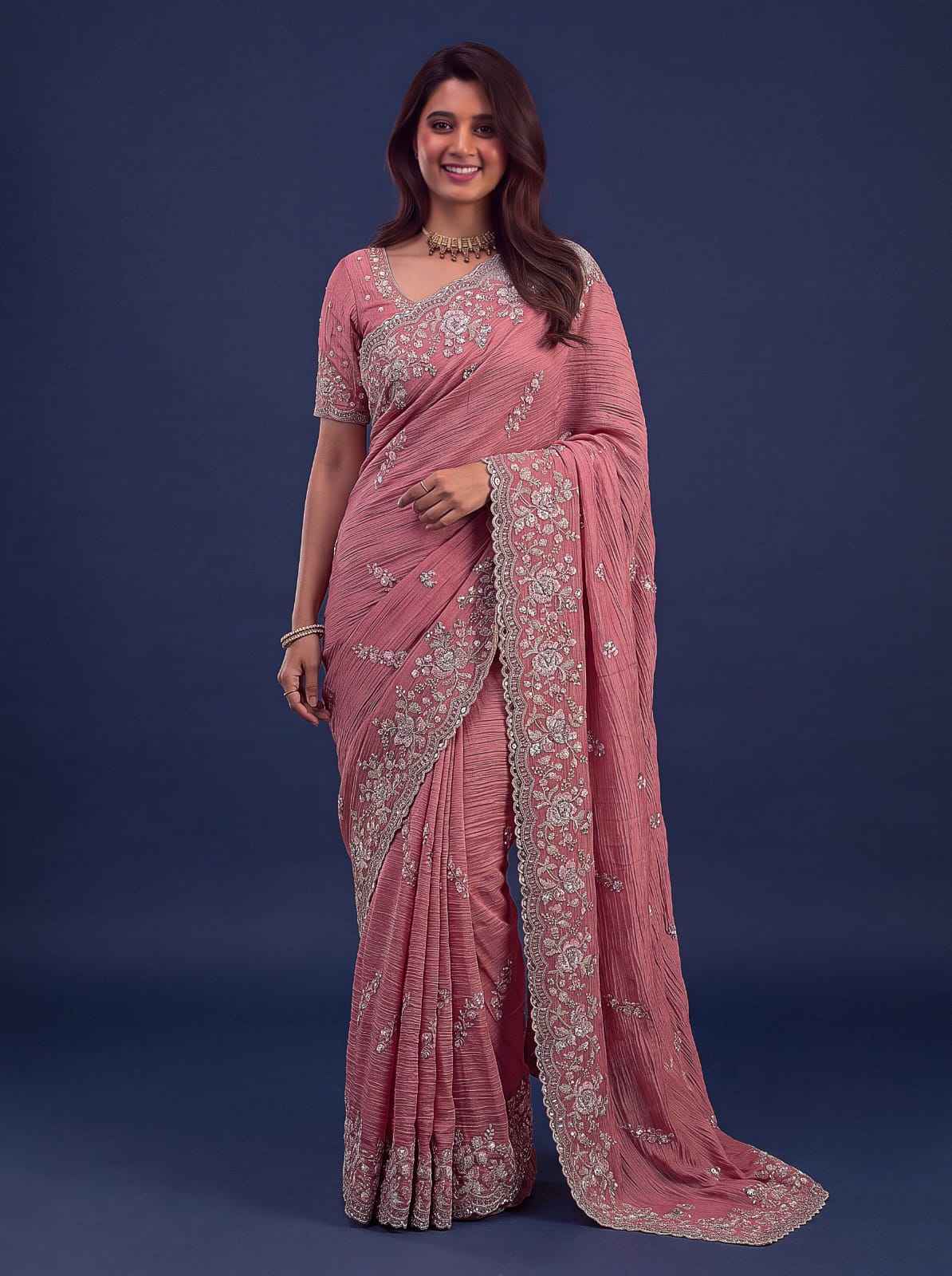 Rose Pink Pure Premium Bamburg Handwork Kasti & Multi Color Embroidery Sequins Work Wedding Saree
