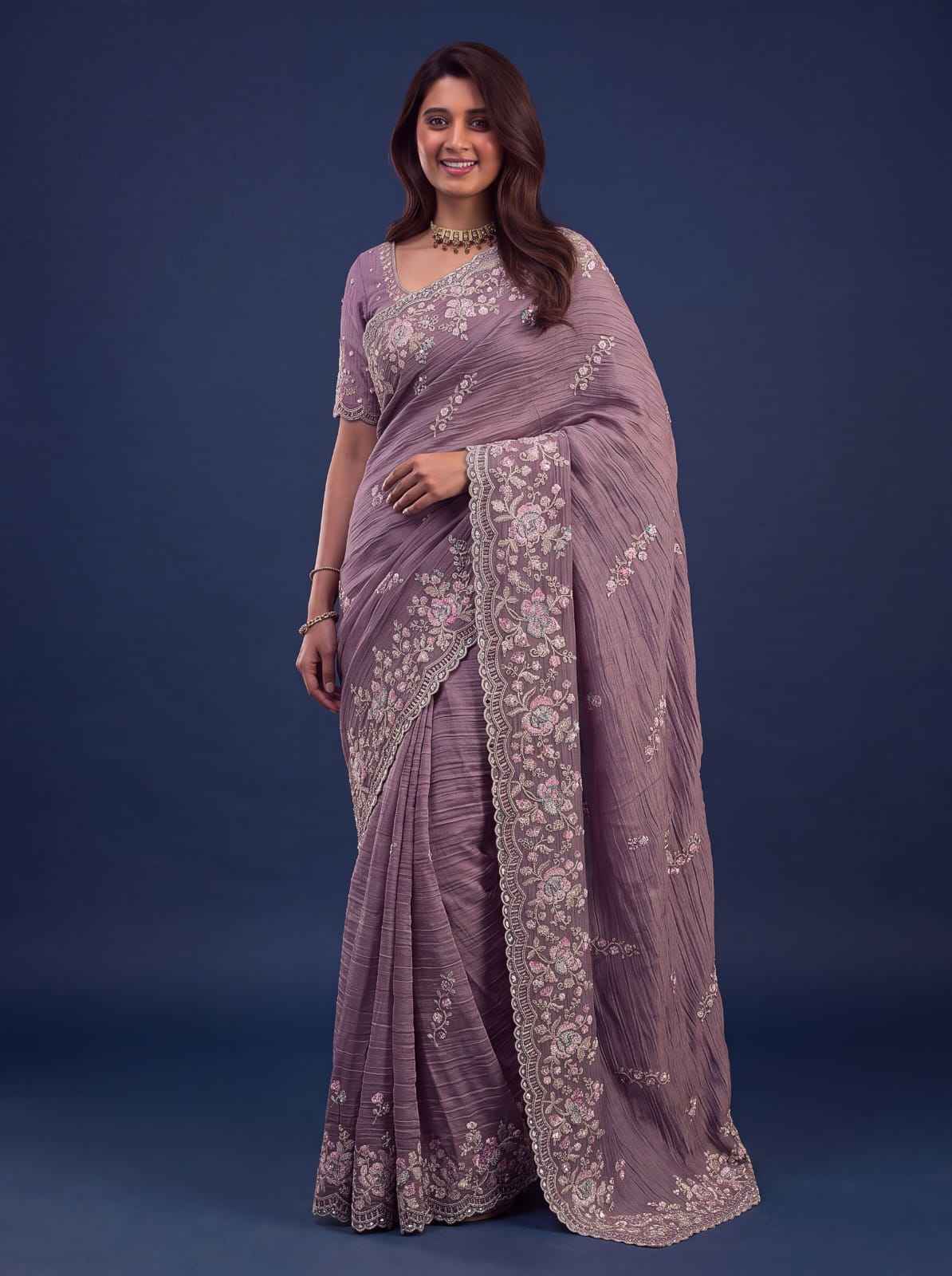 Mauve Pure Premium Bamburg Handwork Kasti & Multi Color Embroidery Sequins Work Wedding Saree