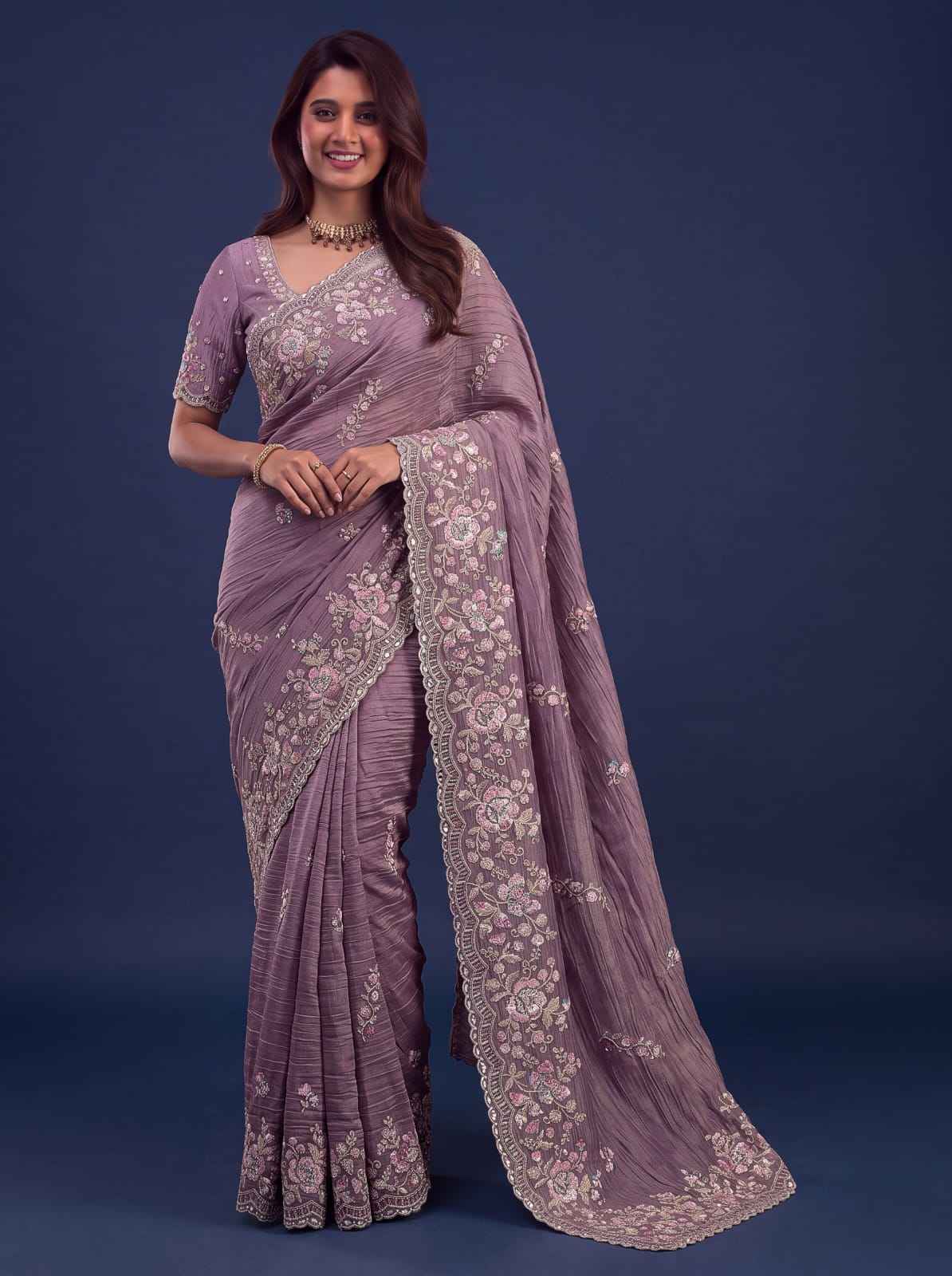 Mauve Pure Premium Bamburg Handwork Kasti & Multi Color Embroidery Sequins Work Wedding Saree