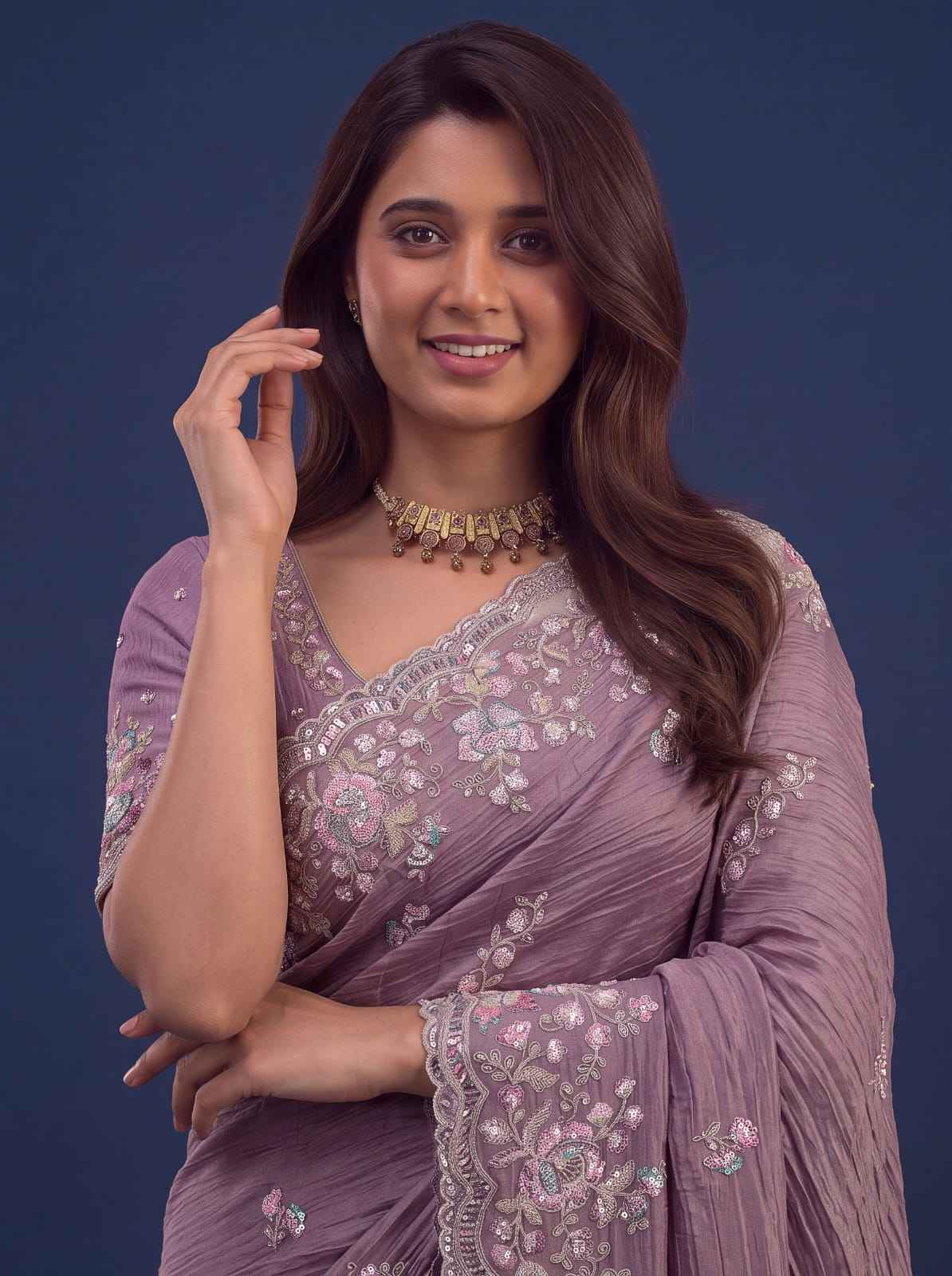 Mauve Pure Premium Bamburg Handwork Kasti & Multi Color Embroidery Sequins Work Wedding Saree