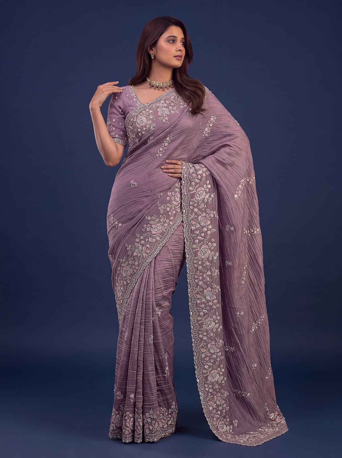 Mauve Pure Premium Bamburg Handwork Kasti & Multi Color Embroidery Sequins Work Wedding Saree
