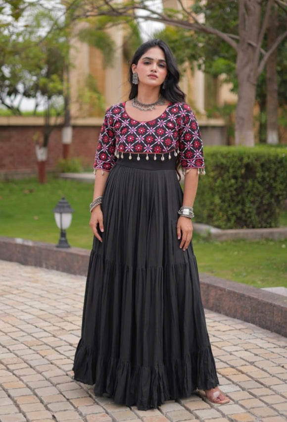 Black Pure Kora Cotton Multi Thread Embroidery Real Mirror Work Anarkali Long Gown