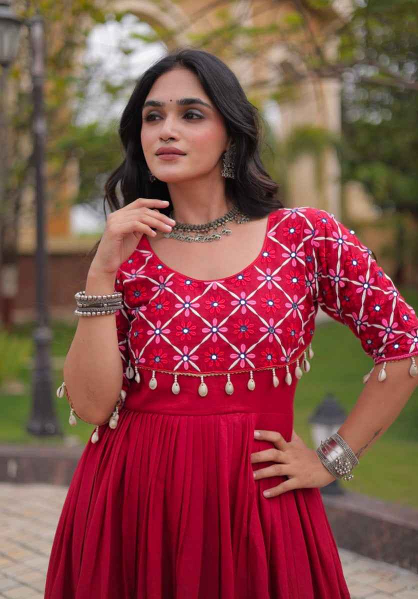 Maroon Pure Kora Cotton Multi Thread Embroidery Real Mirror Work Anarkali Long Gown