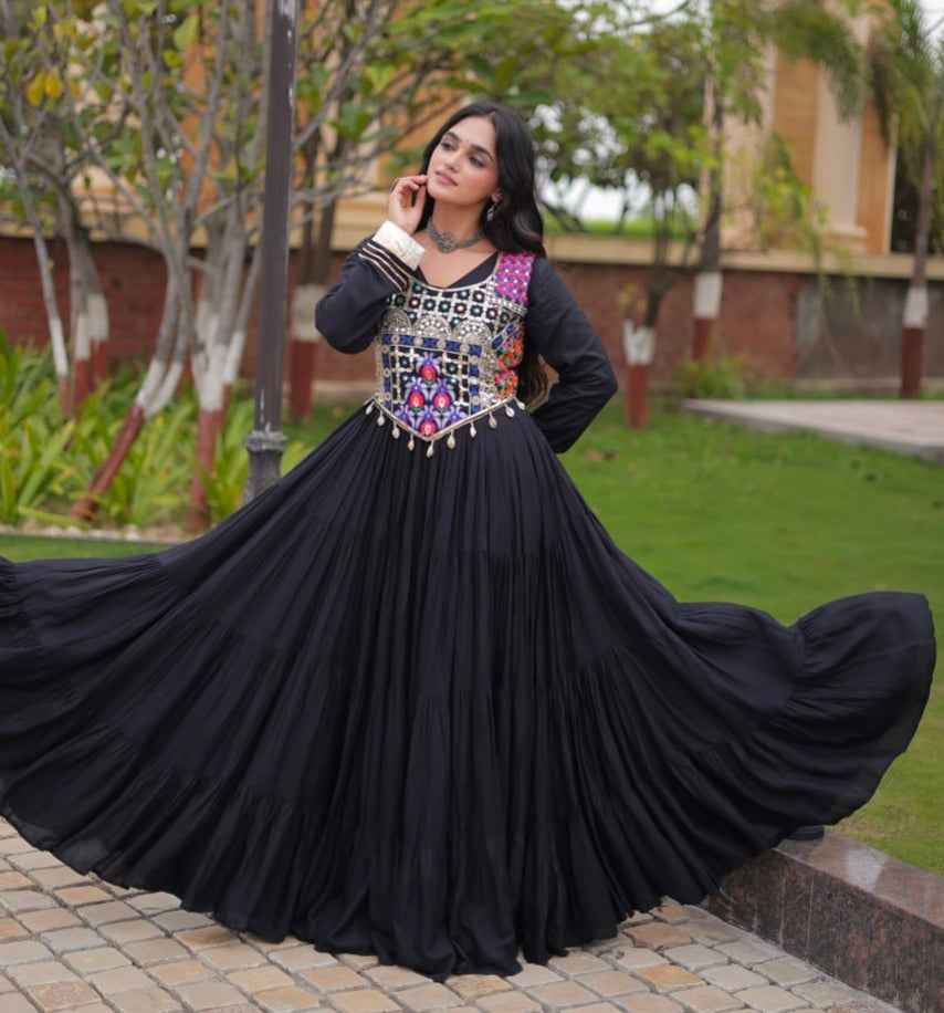 Black Pure Reyon Gota Patti Lace Anarkali Long Gown