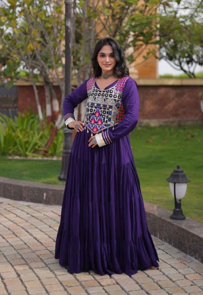 Purple Pure Reyon Gota Patti Lace Anarkali Long Gown