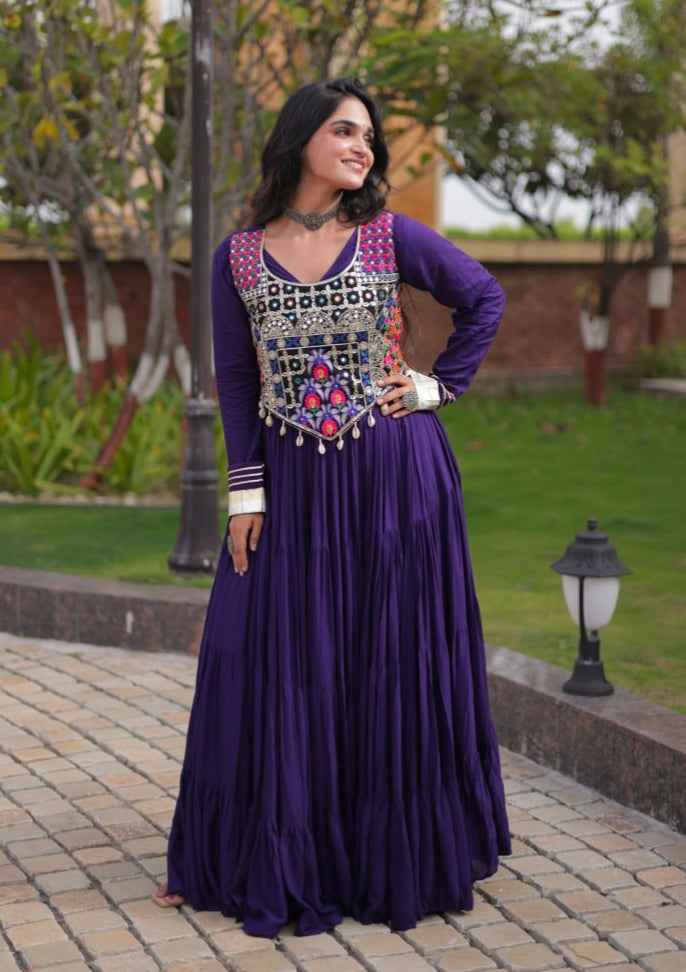 Purple Pure Reyon Gota Patti Lace Anarkali Long Gown
