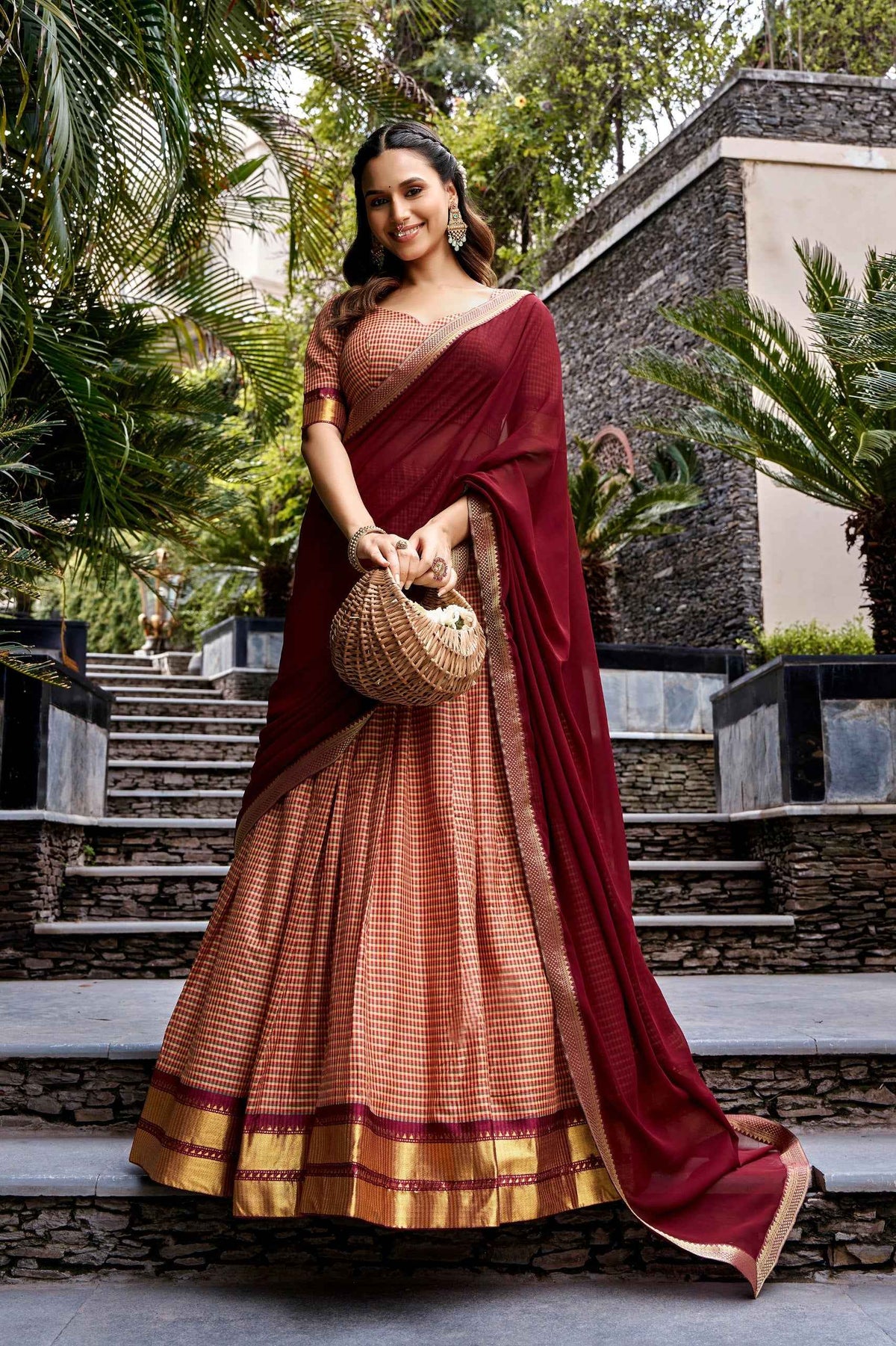 Brown Pure Kanchi Cotton Chex South Indian Lehenga Choli