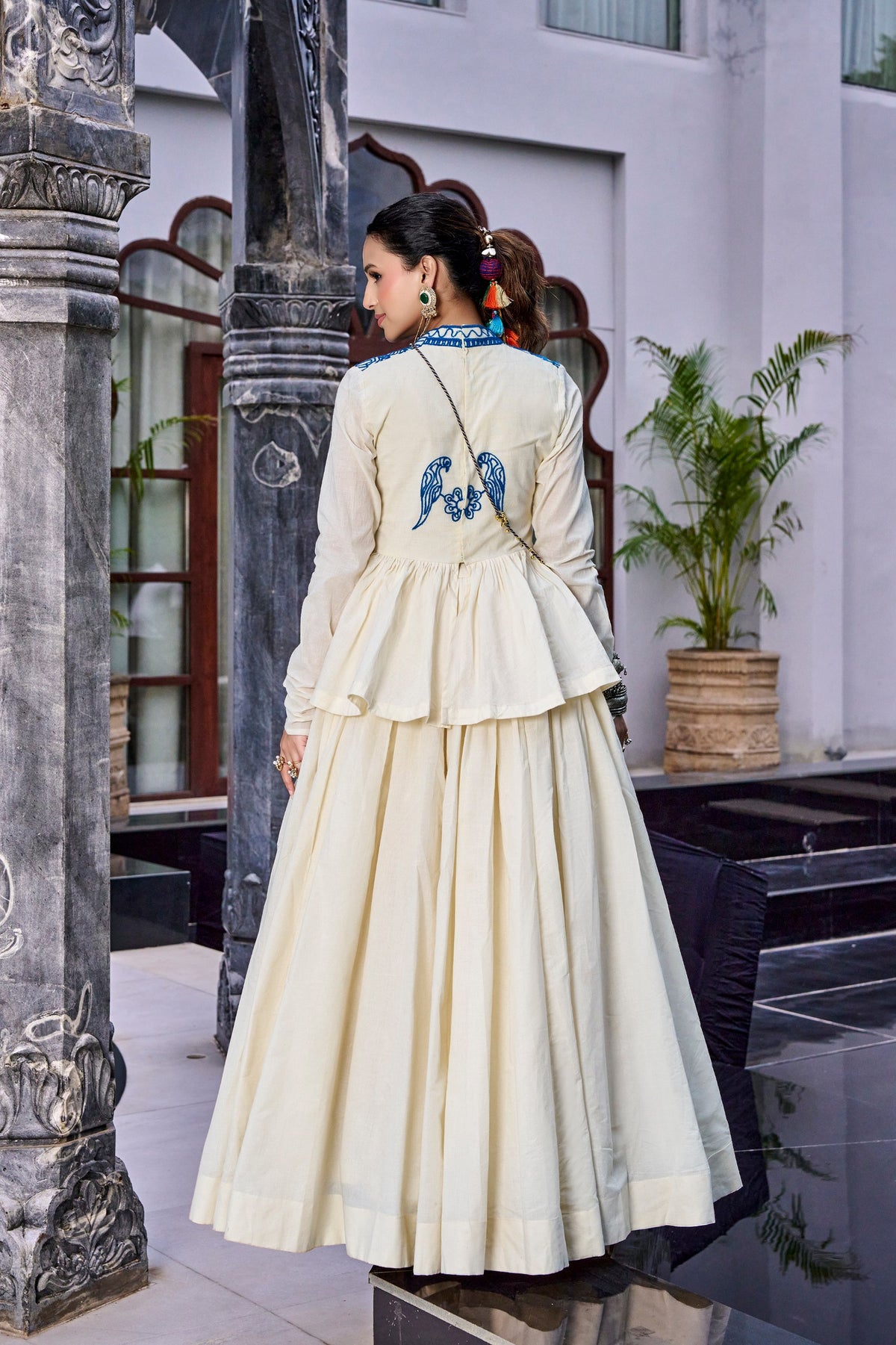 Cream Pure Cotton 08 Mtr Kashida & Gamthi Work Navratri Lehenga Choli