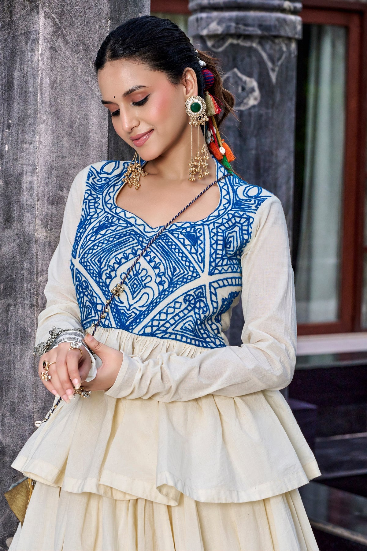 Cream Pure Cotton 08 Mtr Kashida & Gamthi Work Navratri Lehenga Choli