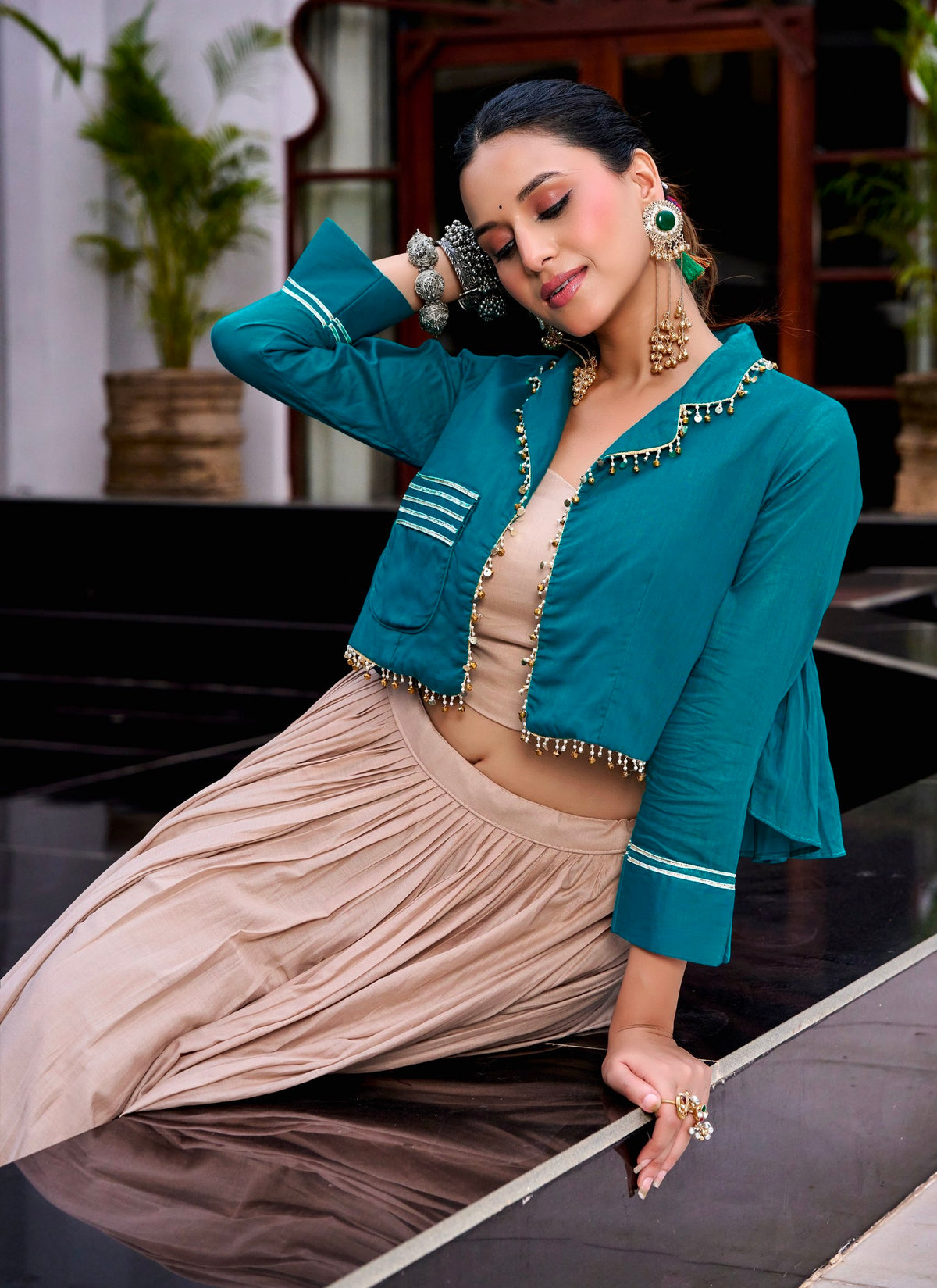 Beige Pure Cotton 08 Mtr Kashida & Gamthi Work Navratri Lehenga Choli
