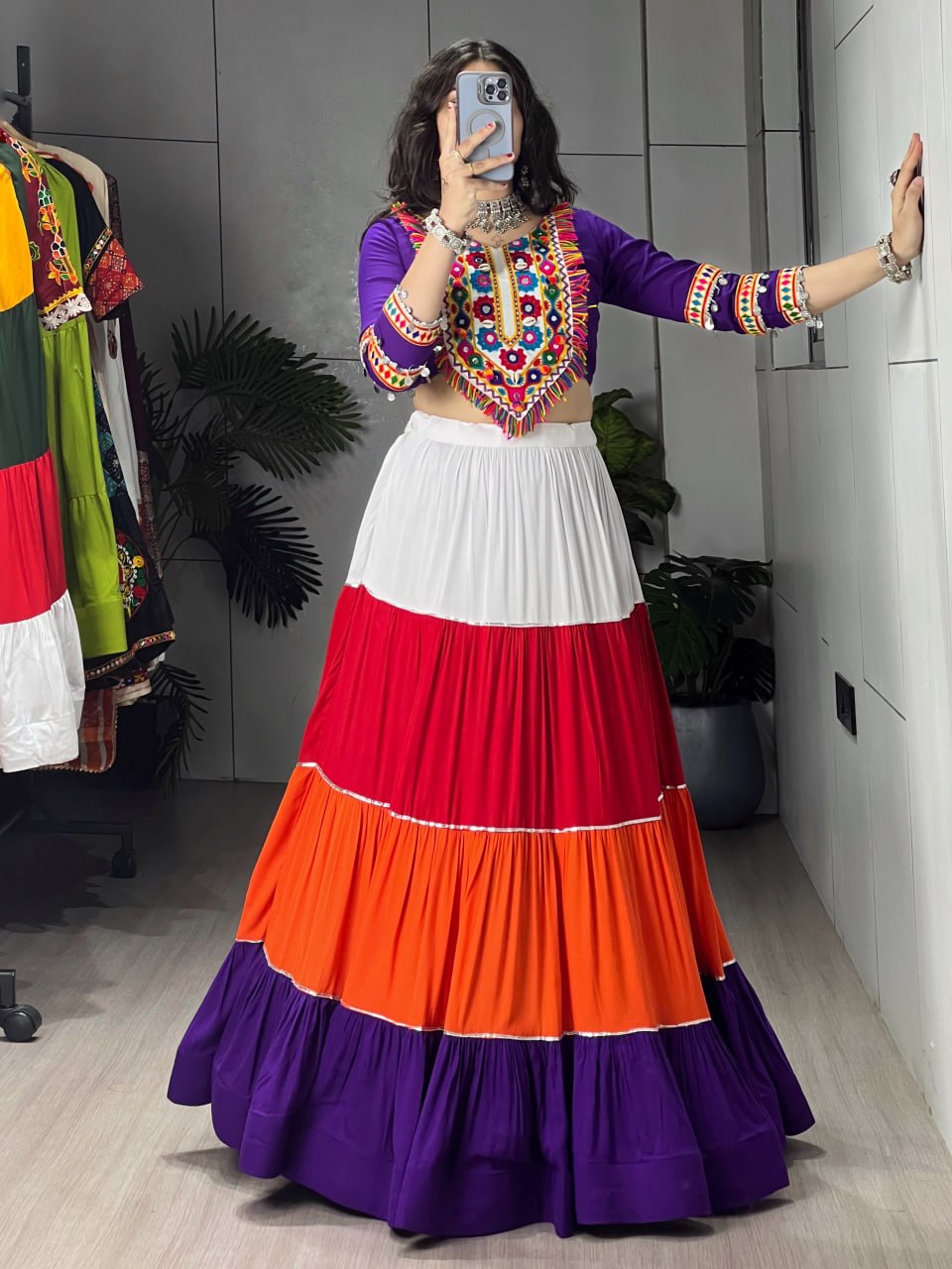 Multi Pure Rayon Cotton Multi Coloured Frilled Kali With Gota Work Navratri Lehenga Choli