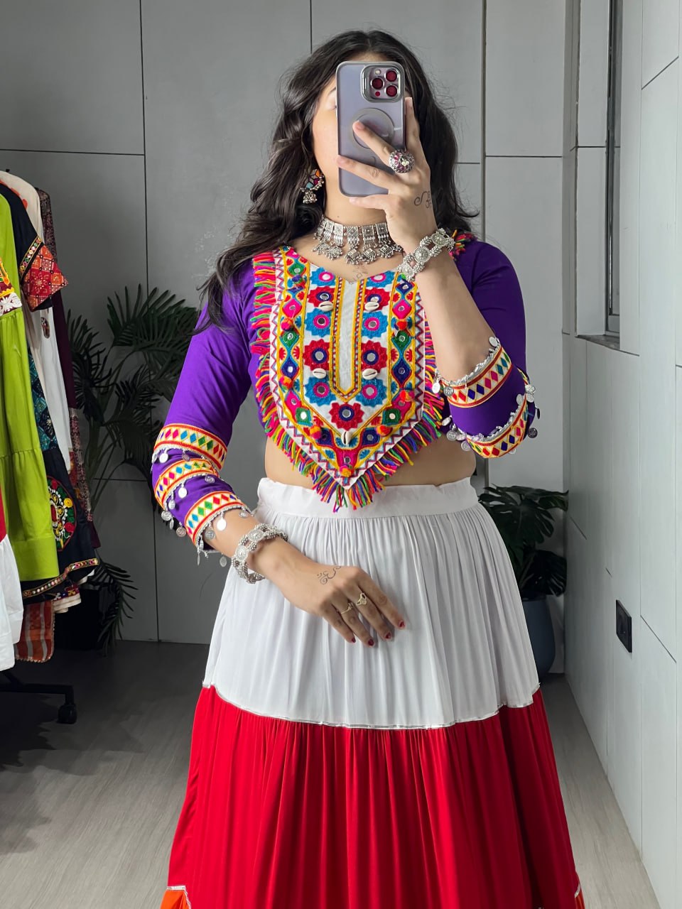 Multi Pure Rayon Cotton Multi Coloured Frilled Kali With Gota Work Navratri Lehenga Choli