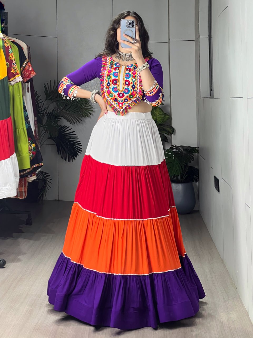Multi Pure Rayon Cotton Multi Coloured Frilled Kali With Gota Work Navratri Lehenga Choli