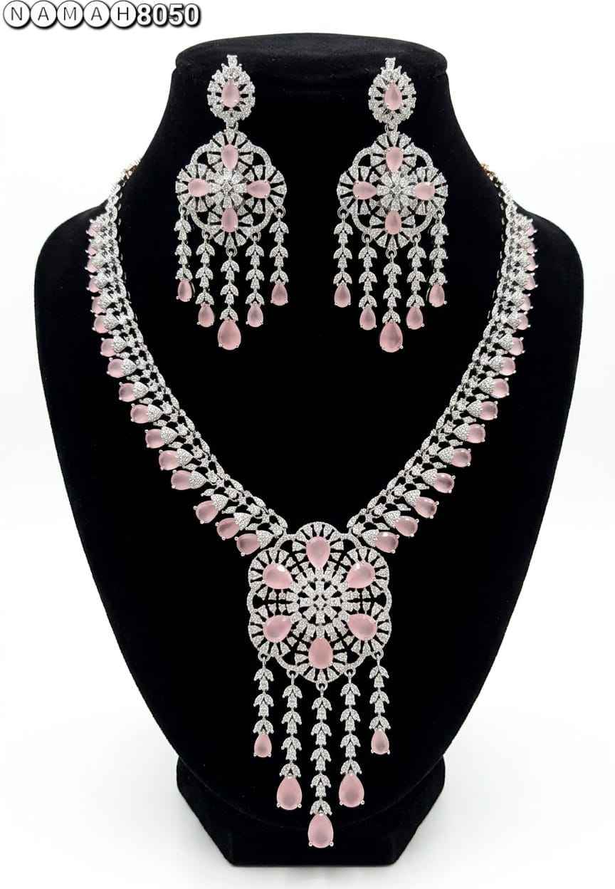 Pink White American Diamond Necklace Jewellery Set