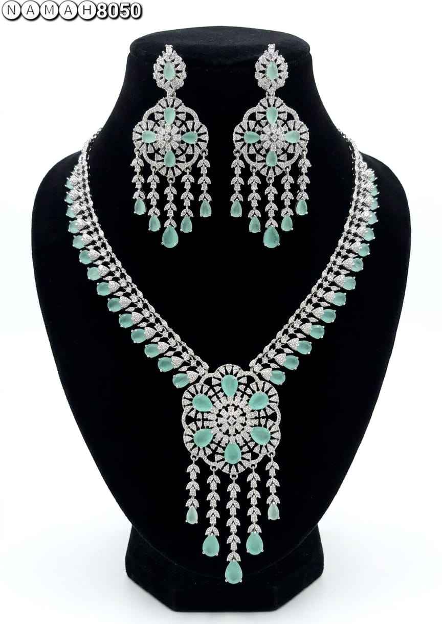 Mint Green American Diamond Necklace Jewellery Set