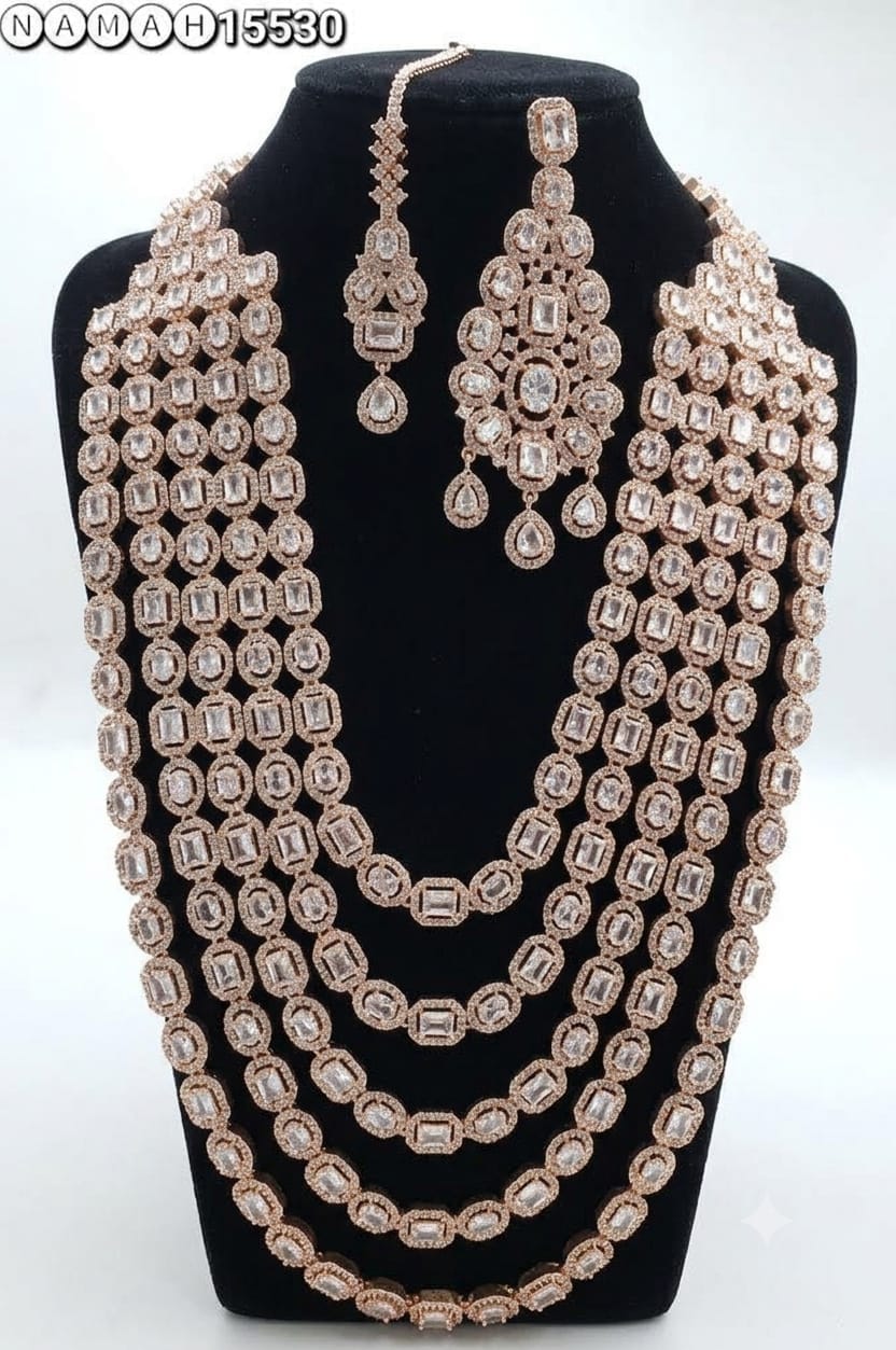Gold & White American Diamond Necklace Jewellery Set