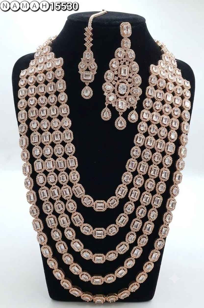 Gold & White American Diamond Necklace Jewellery Set