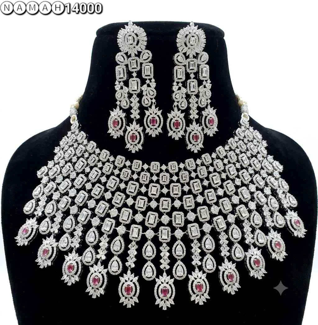 Red & White American Diamond Necklace Jewellery Set