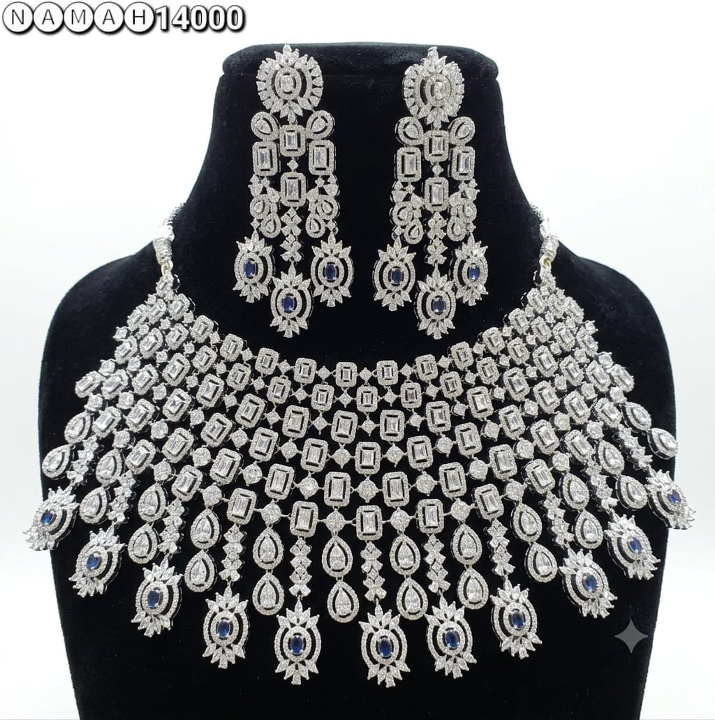 Blue & White American Diamond Necklace Jewellery Set