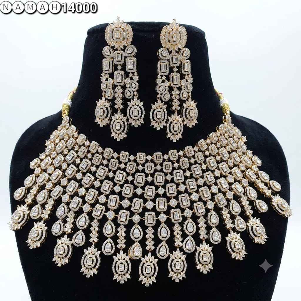 Gold & White American Diamond Necklace Jewellery Set