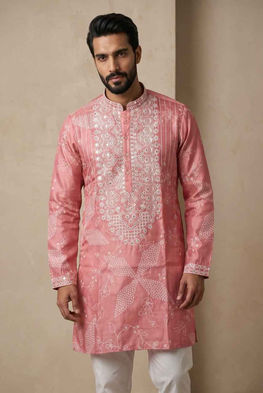 Pink Pure Simmer Silk Embroidery Sequins Work With Printed Kurta Pajama