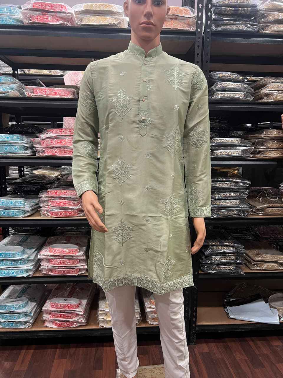 Grey Pure Earth Silk Heavy Embroidery Sequins Work Kurta Pajama