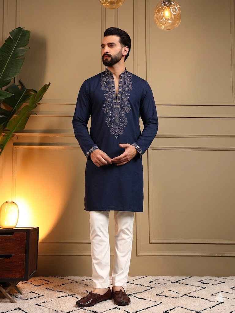Blue Pure Star Silk Heavy Embroidery Sequins Work Kurta Pajama