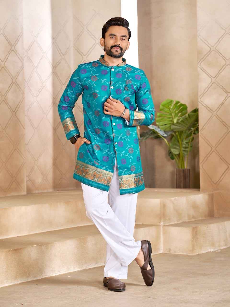 Sky Pure Premium Patola Silk Saree With Silk Kurta Pajama Matching Couple Combo Set