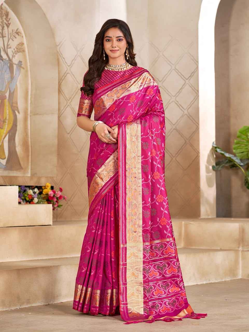 Pink Pure Premium Patola Silk Saree With Silk Kurta Pajama Matching Couple Combo Set