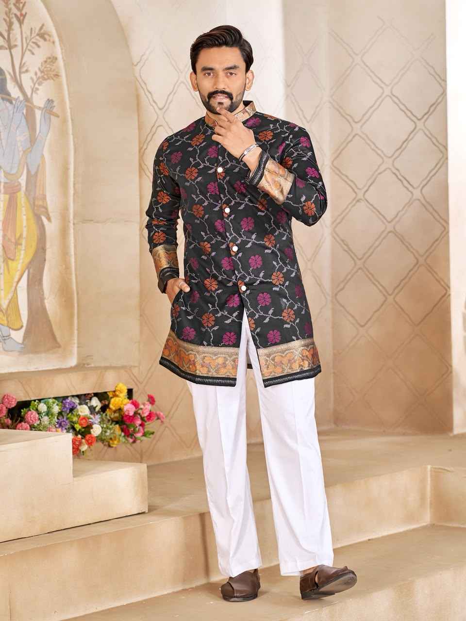 Black Pure Premium Patola Silk Saree With Silk Kurta Pajama Matching Couple Combo Set