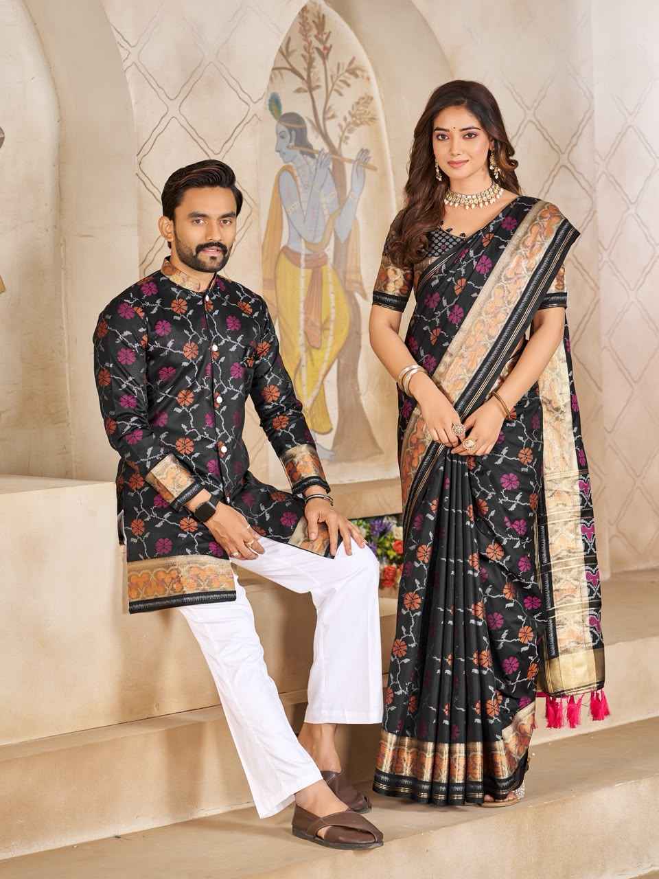 Black Pure Premium Patola Silk Saree With Silk Kurta Pajama Matching Couple Combo Set