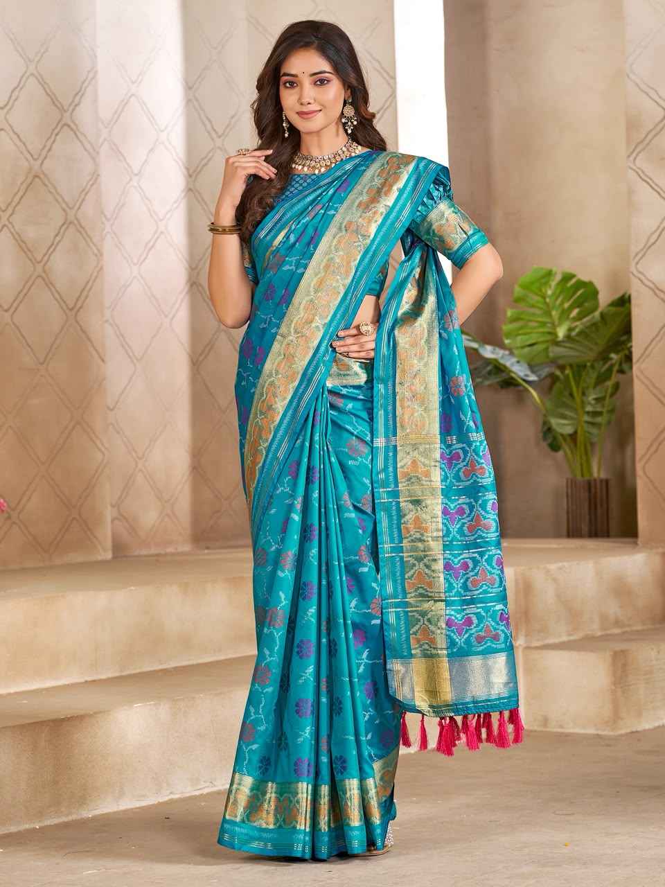 Sky Pure Premium Patola Silk Saree With Silk Kurta Pajama Matching Couple Combo Set