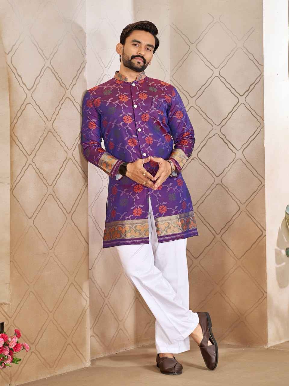 Purple Pure Premium Patola Silk Saree With Silk Kurta Pajama Matching Couple Combo Set