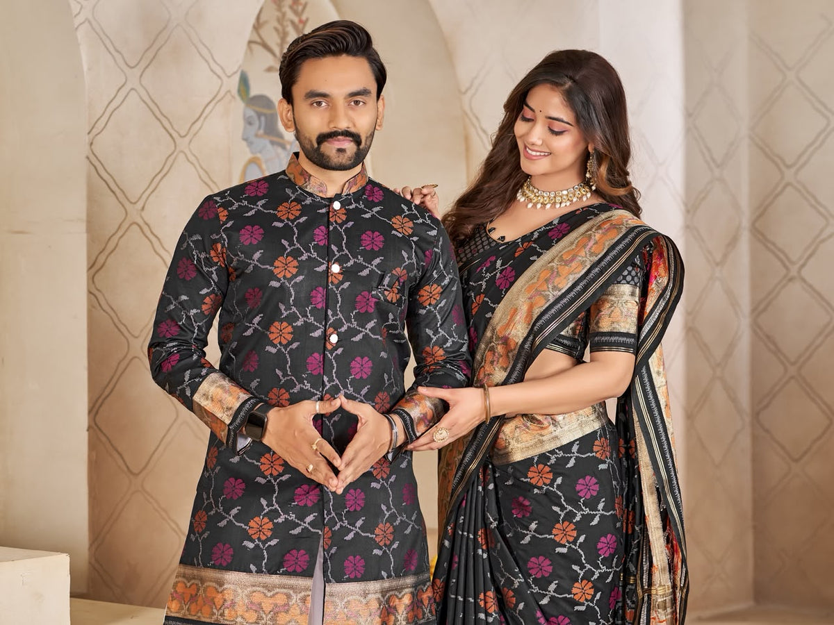 Black Pure Premium Patola Silk Saree With Silk Kurta Pajama Matching Couple Combo Set