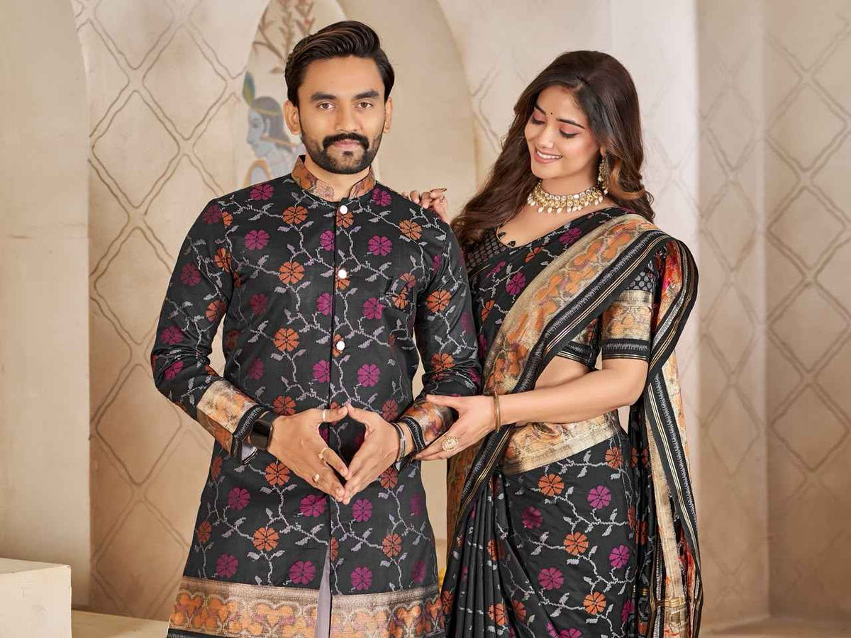 Black Pure Premium Patola Silk Saree With Silk Kurta Pajama Matching Couple Combo Set