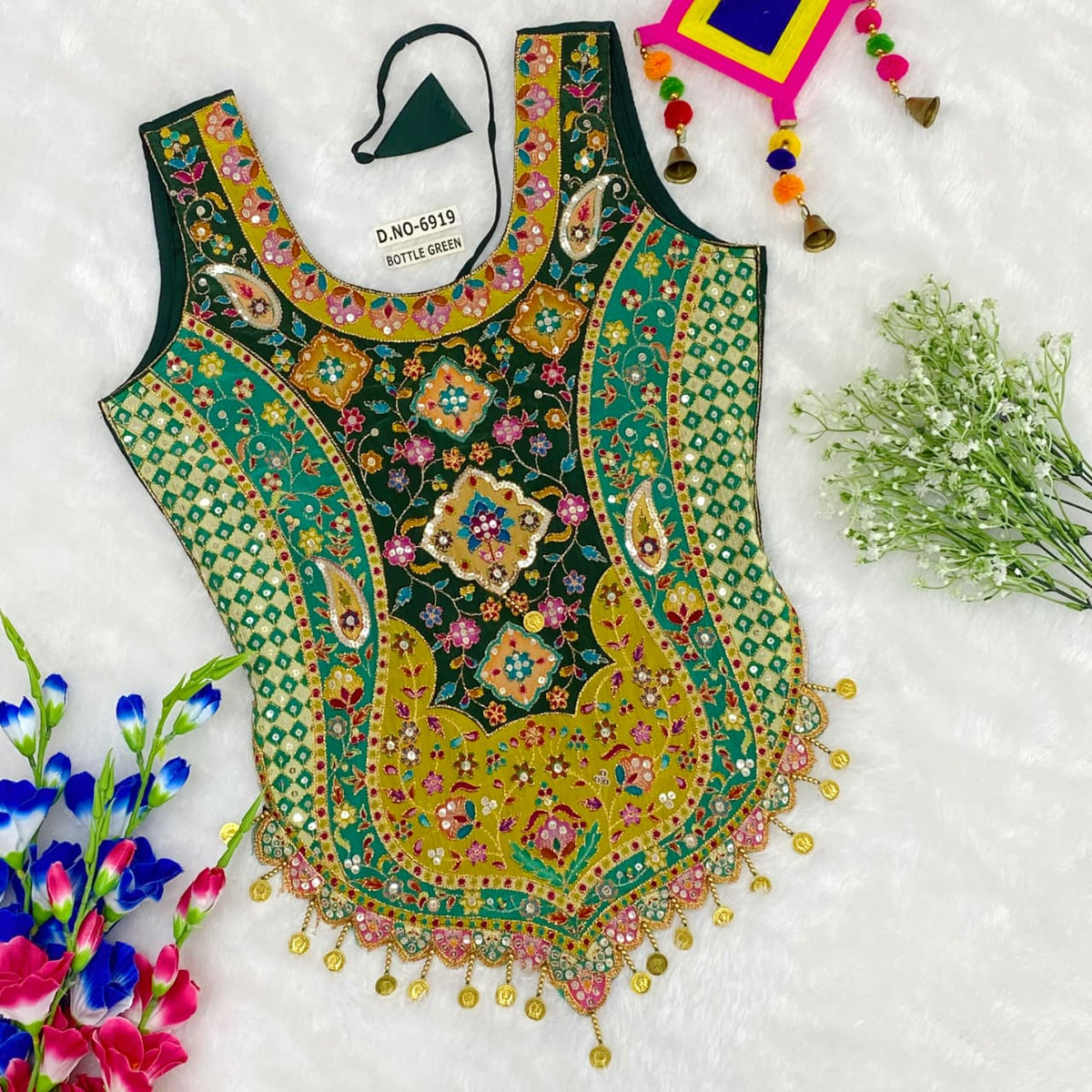 Green Pure Cotton Heavy Stitching Premium Padding Work Navratri Top Style Blouse