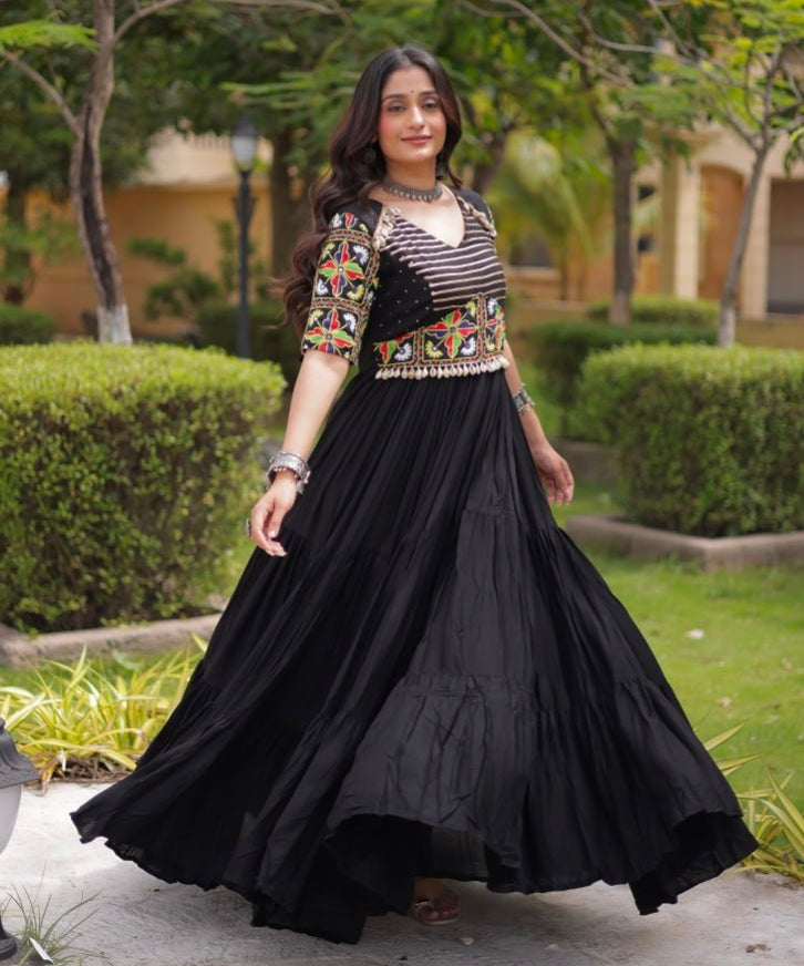 Black Pure Cotton Gotta Designs Printed Real Mirror Work Lehenga Choli