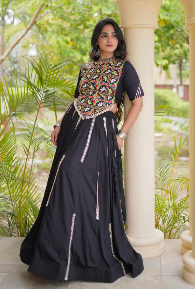 Black Pure Cotton With Gamthi Thread Embroidered Work Lehenga Choli