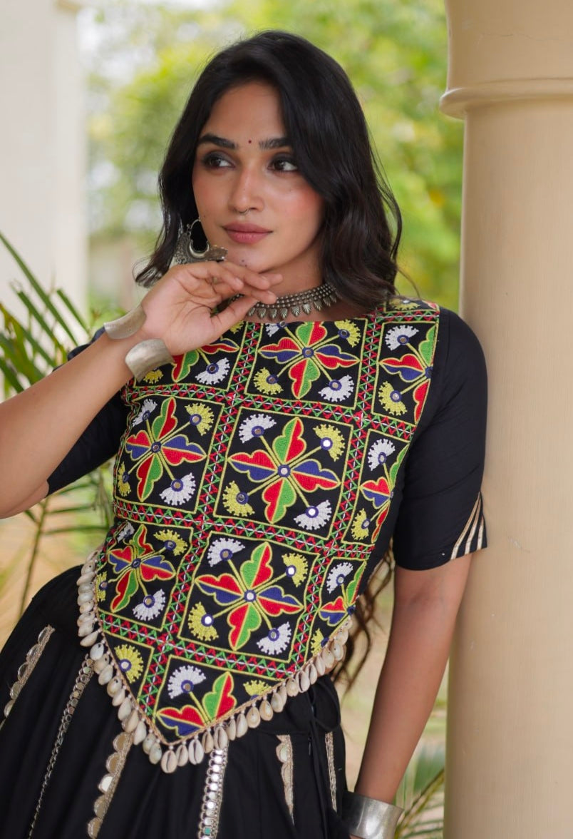 Black Pure Cotton With Gamthi Thread Embroidered Work Lehenga Choli