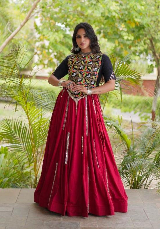 Red Pure Cotton With Gamthi Thread Embroidered Work Lehenga Choli
