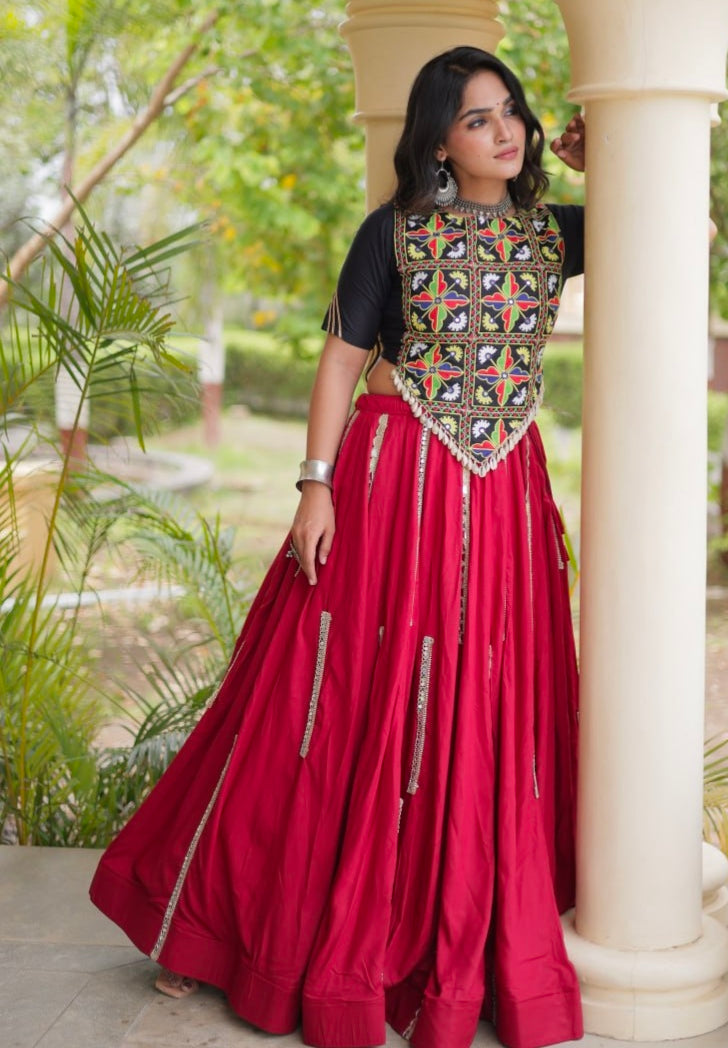 Red Pure Cotton With Gamthi Thread Embroidered Work Lehenga Choli