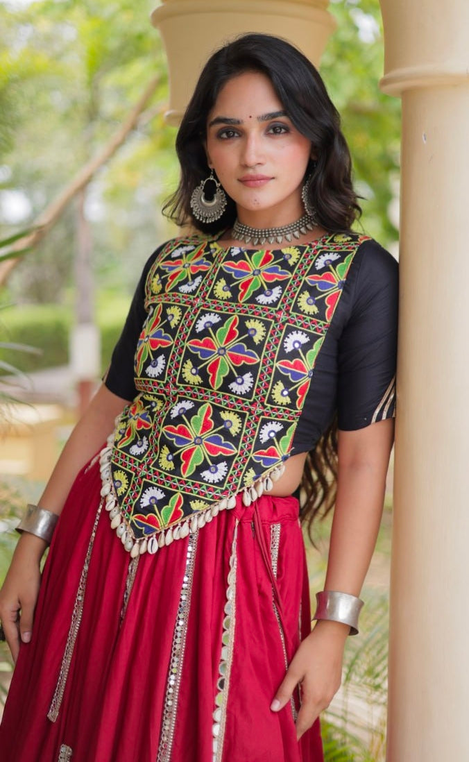 Red Pure Cotton With Gamthi Thread Embroidered Work Lehenga Choli