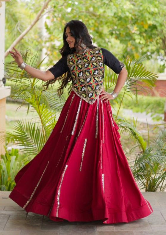 Red Pure Cotton With Gamthi Thread Embroidered Work Lehenga Choli