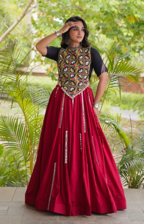 Red Pure Cotton With Gamthi Thread Embroidered Work Lehenga Choli