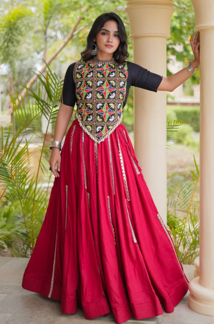 Red Pure Cotton With Gamthi Thread Embroidered Work Lehenga Choli