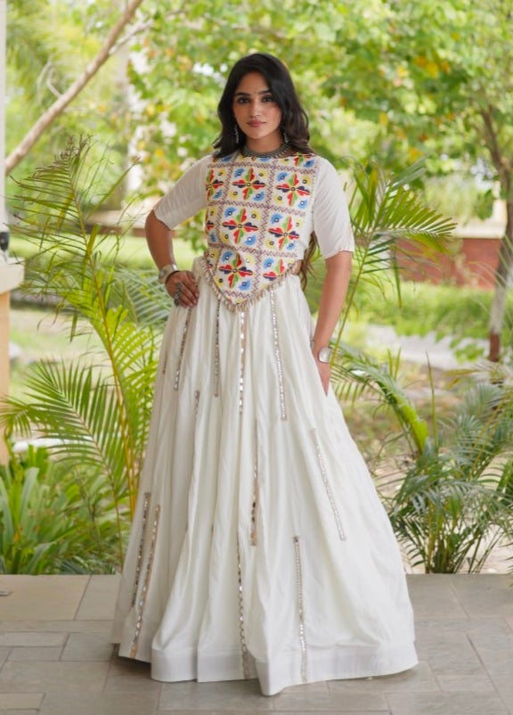 White Pure Cotton With Gamthi Thread Embroidered Work Lehenga Choli